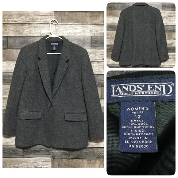 Vtg Lands End Wool Blazer Women’s 12P Gray Single Button - Picture 1 of 9